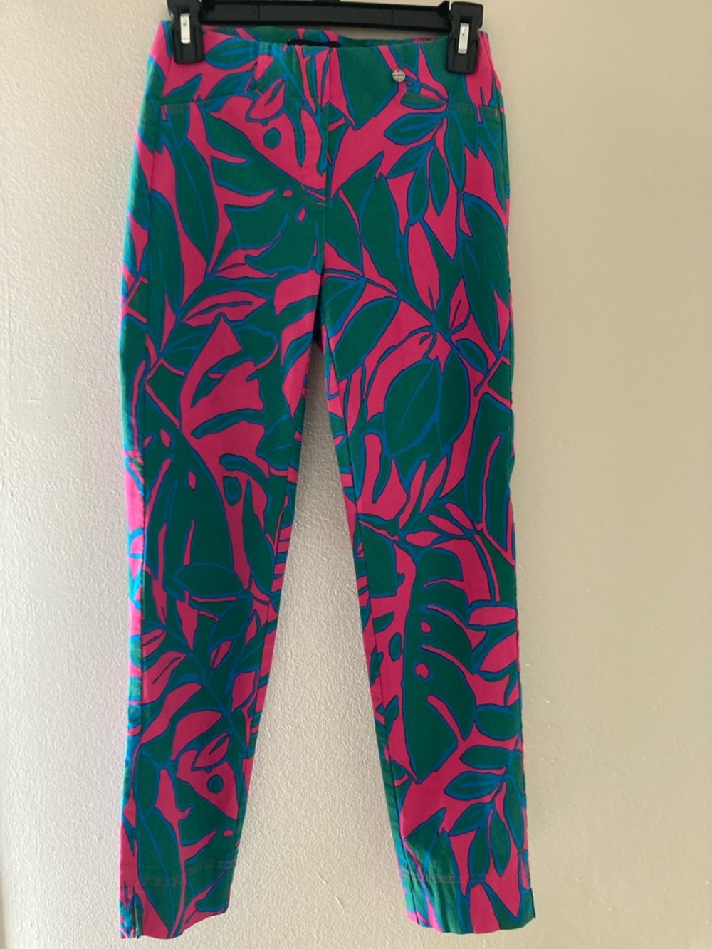 Robell Pink & Teal Leaf Print Trousers